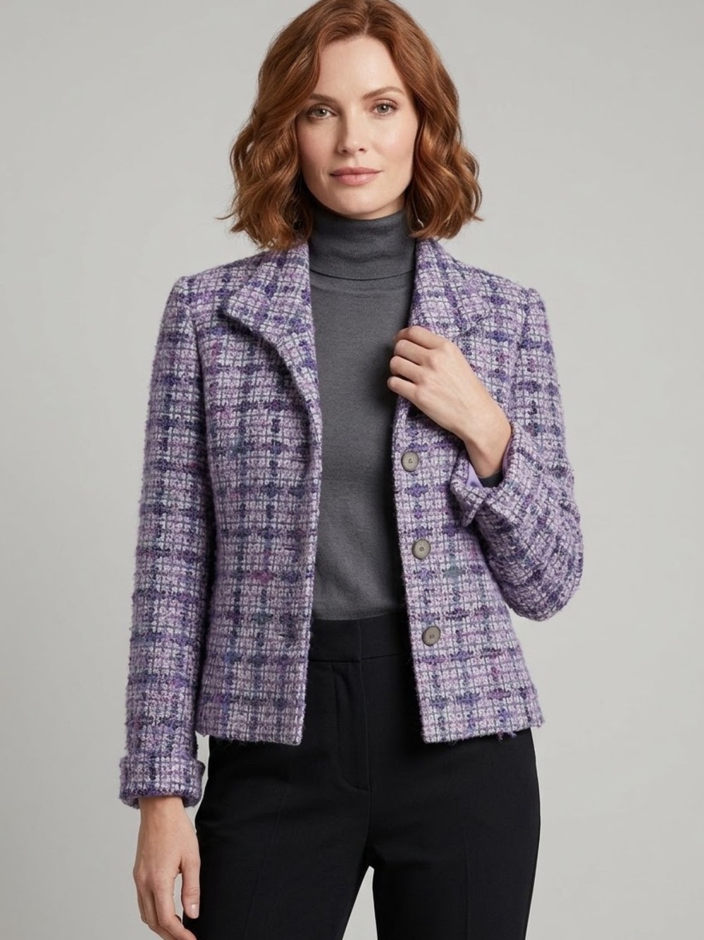 Austin Reed Vintage Purple Bouclé Tweed Blazer Jacket Cuffed Sleeve Petite Sz 10